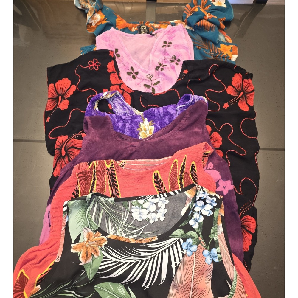 Lot of 7 Womens Hawaiian Tropical Dresses One Size Floral Hibiscus Palm Bundle